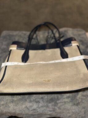 Kate Spade Large Beige Canvas Navy Blue Leather Tote Bag Striped Tassel Flawed